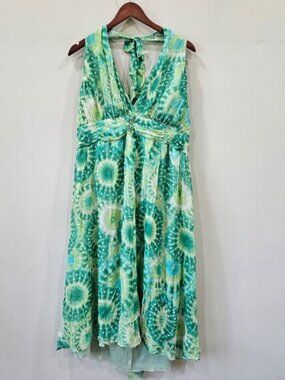 Jonathan Martin Tie Dye Halter Silk Midi Dress Green Lime Flowy Cocktail Evening